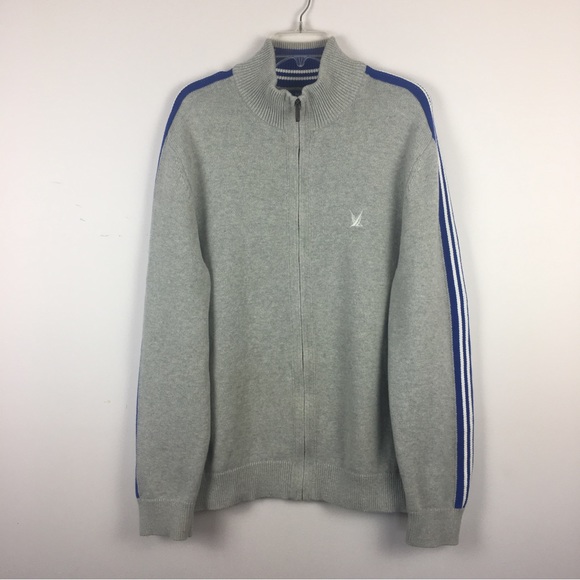 Nautica Blue Sail Gray Jacket Sz XL Full Zip Sweater Mock Neck Royal Blue Stripe - Picture 1 of 11